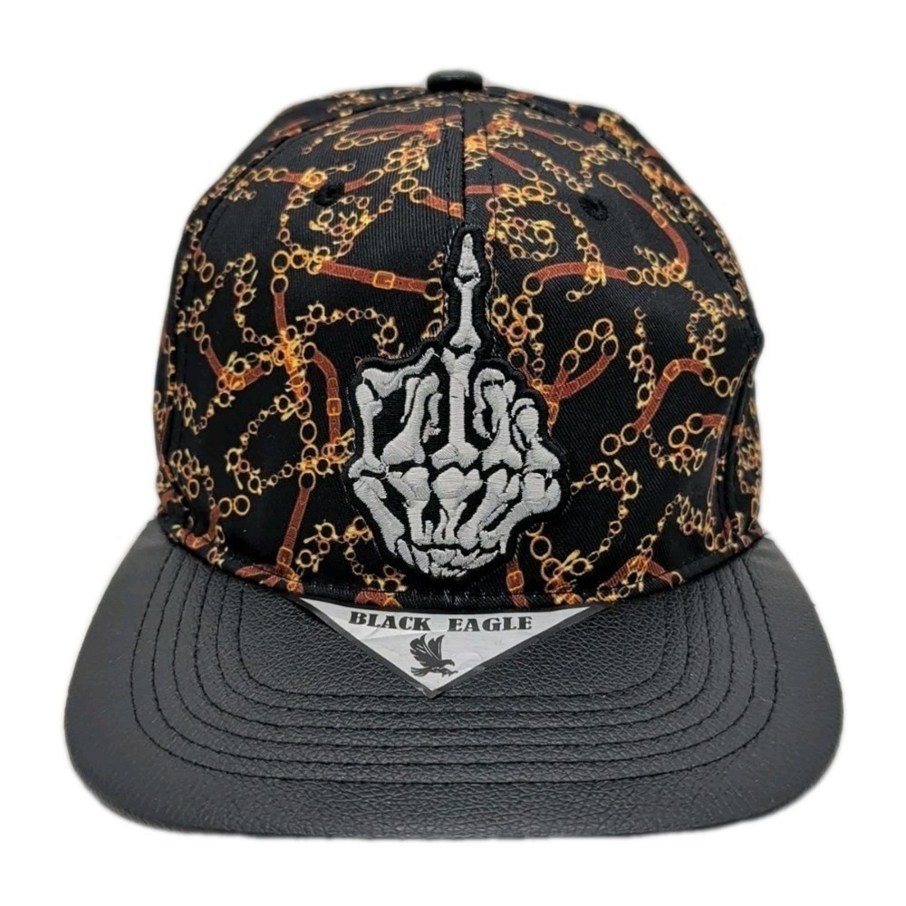 Skeleton Middle Finger Embroidered Hat Chain-Link & Black Flat Bill Snapback Cap